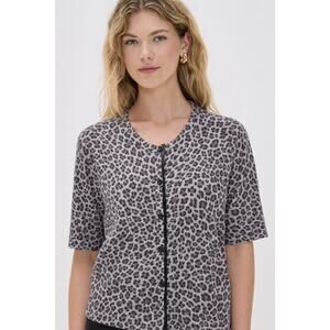 White + Warren Womens 100% Cashmere Leopard Print Knit Cardigan Small